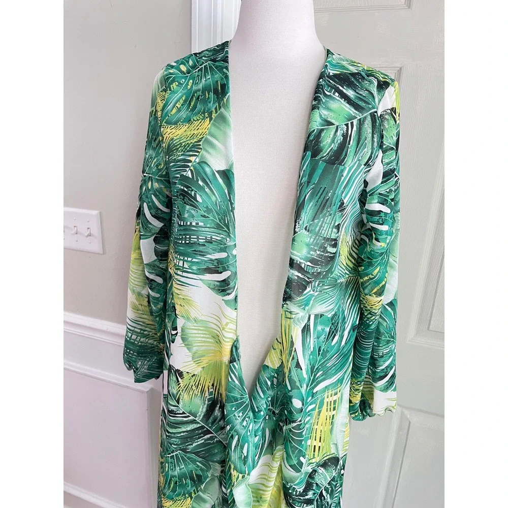 Unbranded Kimono Duster OS Womens Tropical Monstera Leaf Ruffle Green Vacation